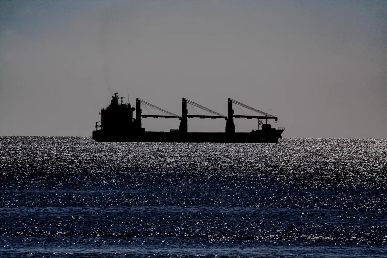 Frachter mit Ladekränen als Silhouette auf glitzernder See: Führung in der Werftzeit