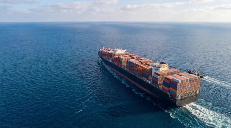 Containerschiff auf hoher See von oben: Verhandlungen in der internationalen Schifffahrt